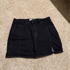 Black Denim Mini Skirt with Front Slit